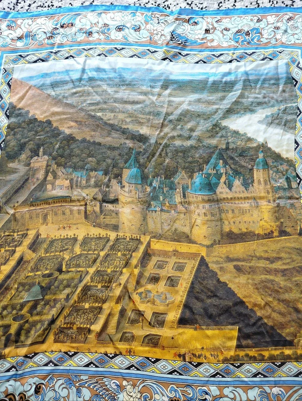 Vintage Heidelberg Castle 100% Silk Scarf 34x34 Blue Baroque Germany Travel CC